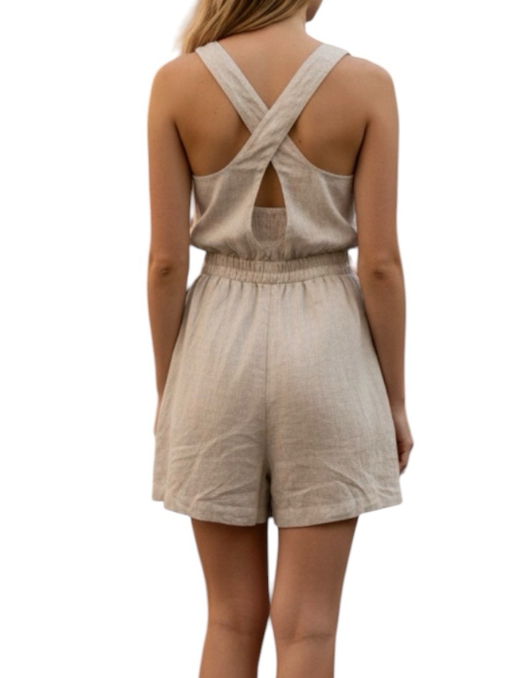 NEW OYSHO Casual Sleeveless Cross Back Linen Cream Stretchy Waist Pocket Romper - Picture 2 of 12